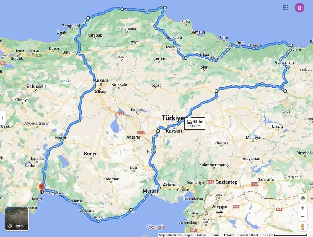 Route map for South To North Tour